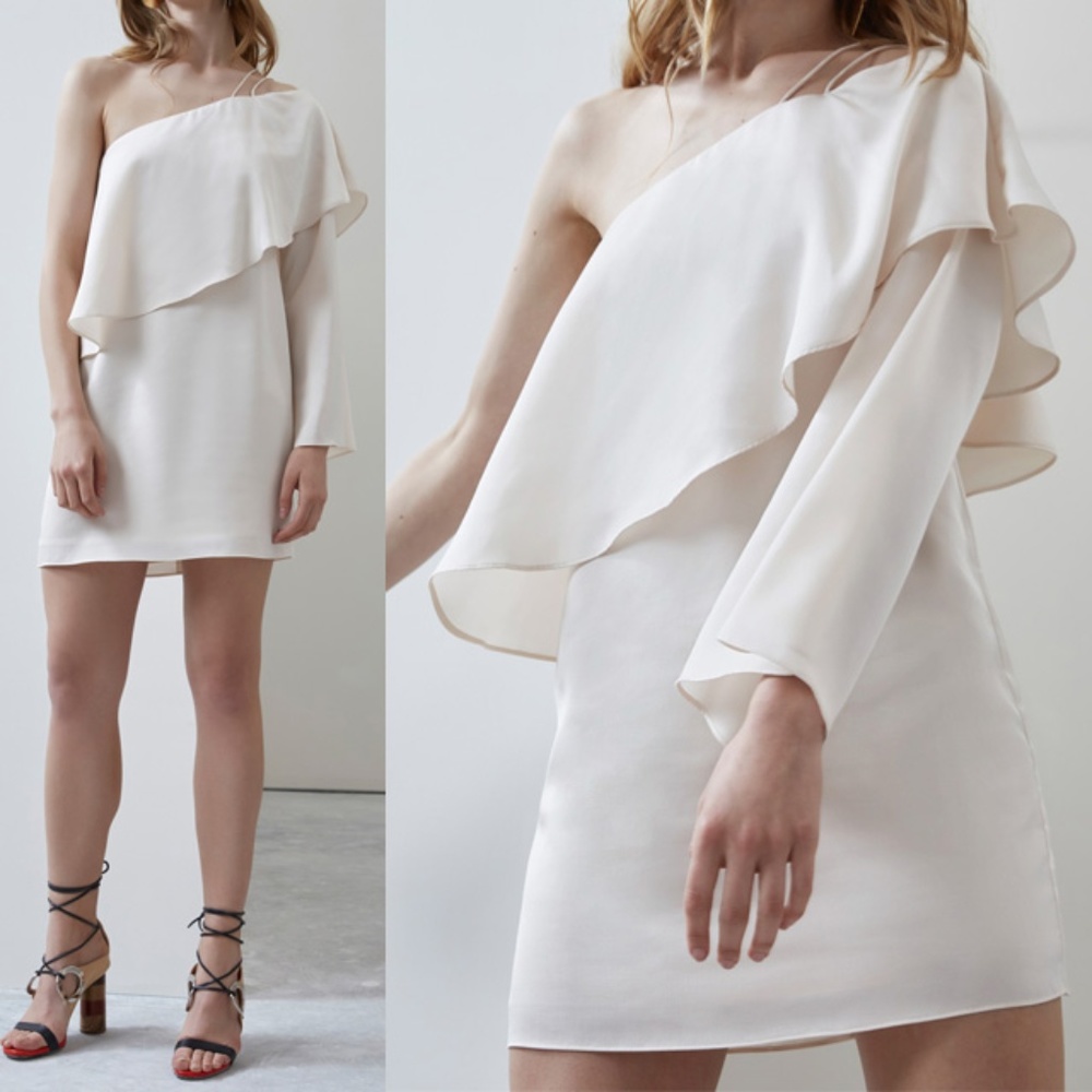 NWT C/MEO Silky Loose Overlay One Shoulder Dress